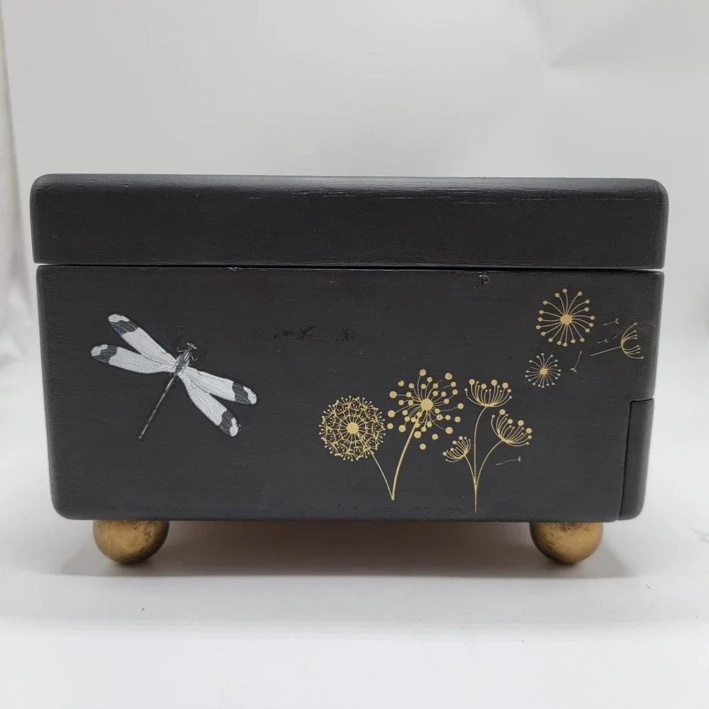 Vtg Wooden Jewelry Box Custom Hand Painted Black Gold Dragonfly Peacock